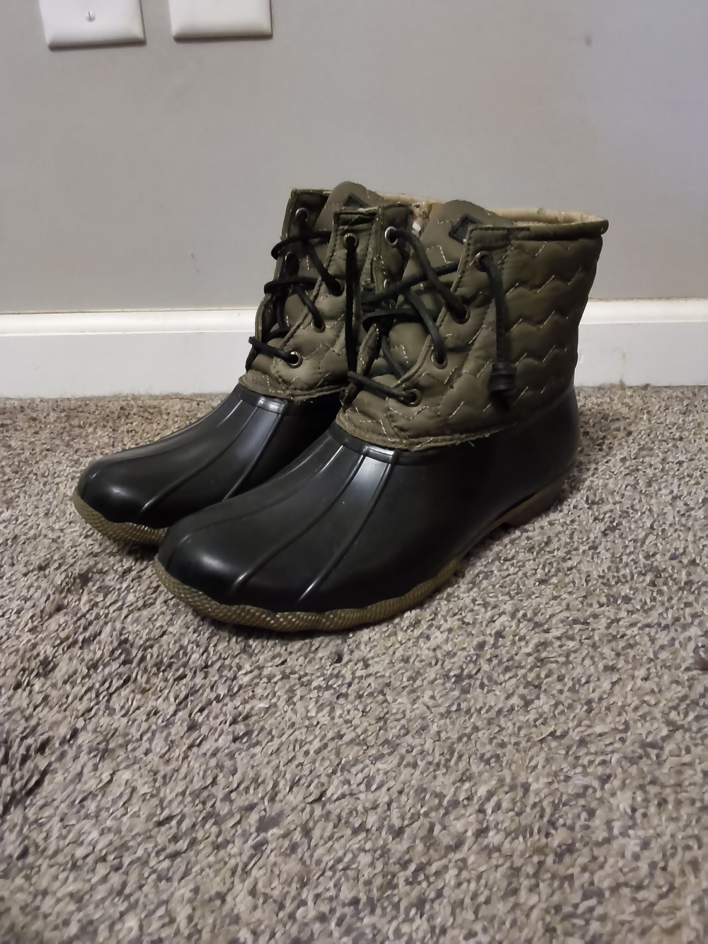Women’s Olive Green Sperry Duck Boots - Quilted Winter Rain Boots